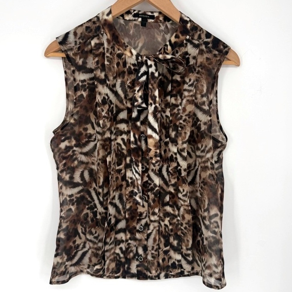 Escada Leopard Silk Tie Neck Sleeveless Blouse Brown Tan Pleated Luxury Designer